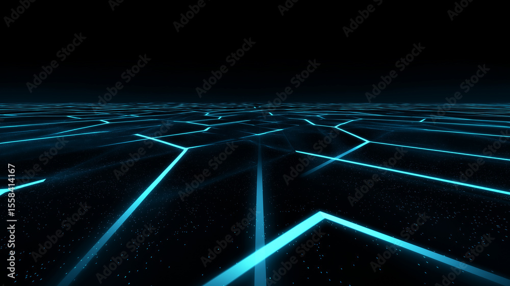 Poster Futuristic dark background with glowing blue neon lines creating grid pattern, evoking sense of technology and innovation. scene is reminiscent of digital landscape or virtual reality environment