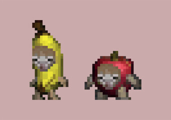 Pixelated Fruit Composition of Cats in fruits costume: Golden Banana and Crimson Apple on Mauve Backdrop Mosaic style. Illustration  Against Soft Pinkish-Brown Background
