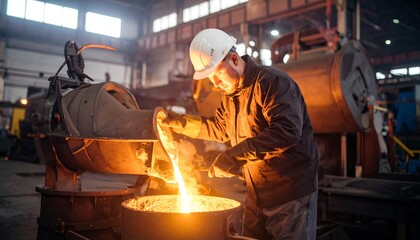 Factory worker handling molten metal