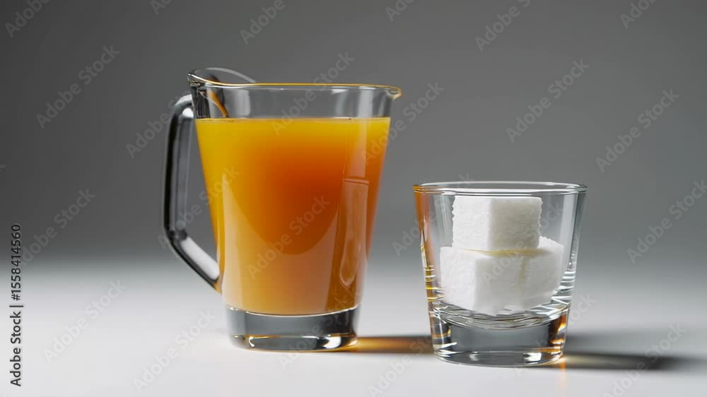 Poster glass pitcher with orange juice and a glass with sugar cubes isolated on a white background showing 
