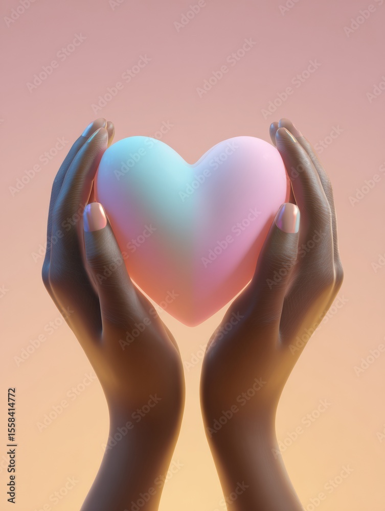Poster hands gently cradling a soft 3d heart against a warm pastel background during a serene moment of lov