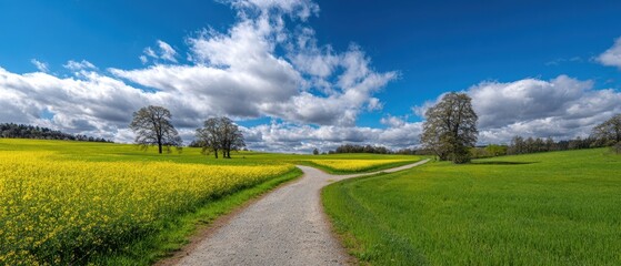 Obraz premium The winding road through a picturesque landscape with vibrant fields and fluffy clouds.