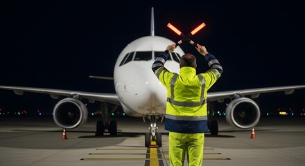 Ground Crew Directing Aircraft At Night with Light Wands, Aviation Marshalling at Night for Plane Guidance and Airport Security