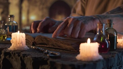 In dim, magical space lit by candles, person finger following lines of timeworn book. Nearby, small elixirs and potions hint at alchemy, sorcery, or ancient knowledge rituals. - Powered by Adobe