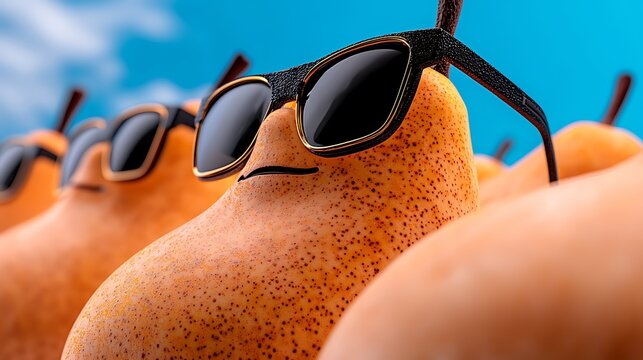 Group of animated pears wearing sunglasses against a bright blue sky, showcasing a fun and playful scene