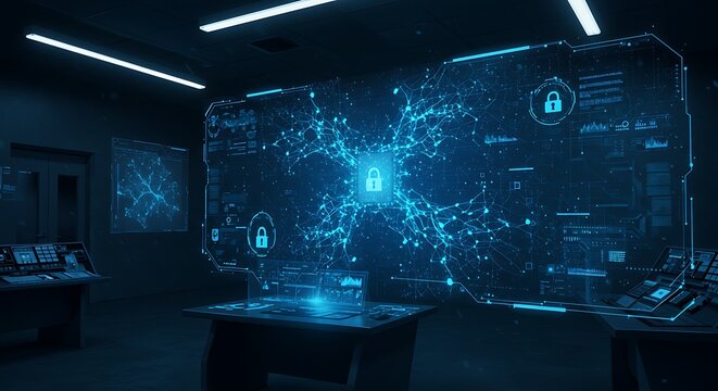 Cybersecurity Command Center with Secure Network Visualization. (AI Generated)