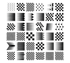 Obraz premium Racing cars and race car stripes set, checkered flag, finish line, motocross labels, dynamic lines, motorsport, racing stripe speed, automotive