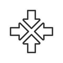 Inward arrows linear icon. Four arrows pointing inward toward center. Symbolizing convergence, focus. Thin line illustration. Contour symbol. Vector outline drawing. Editable stroke