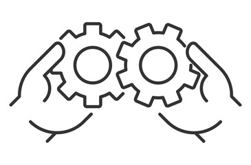 Collaboration linear icon. Hands holding gears. Symbol of teamwork and collective work. Process optimization. Thin line illustration. Contour symbol. Vector outline drawing. Editable stroke