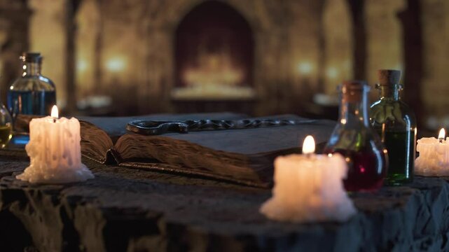 Scene from magical ritual: potion bottles, worn pages of ancient tome and hand forged magic wand lit by warm candle flames, surrounded by stone walls and mystical shadows in old castle.