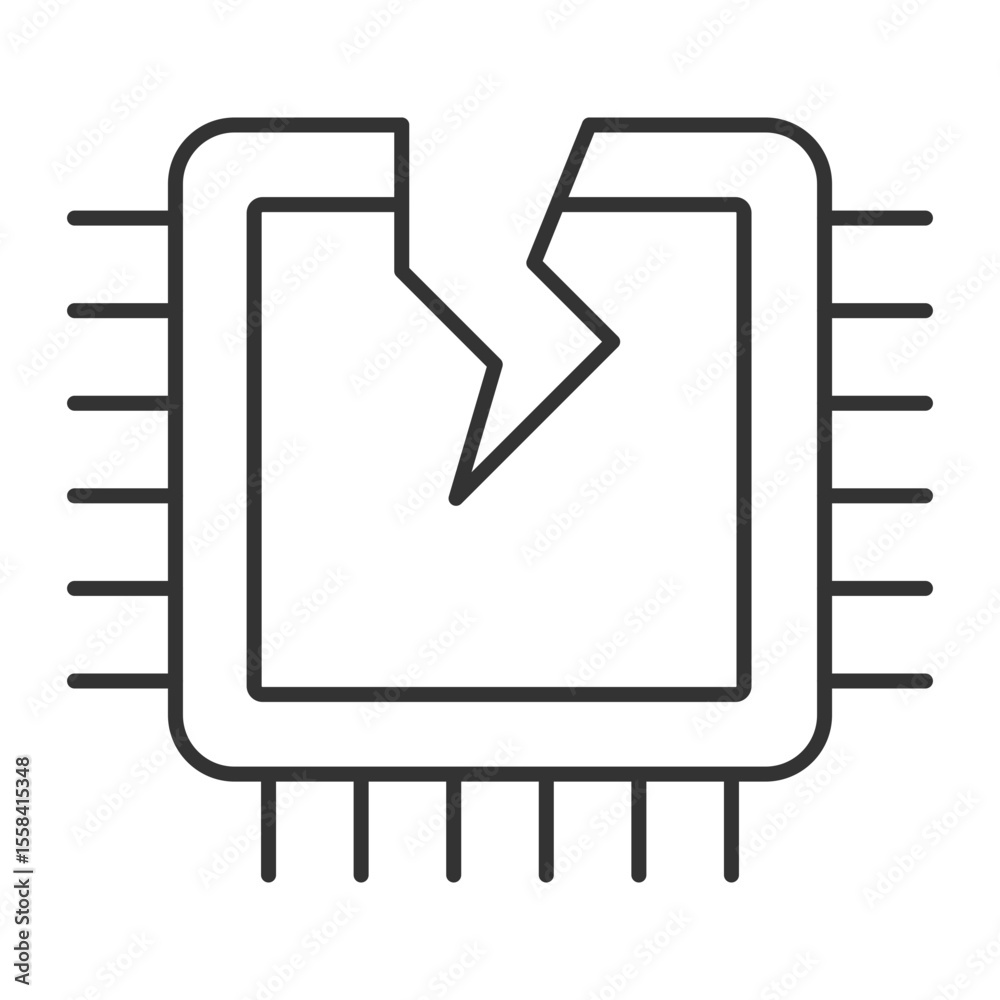 Poster broken cpu linear icon. central processing unit failure. hardware malfunction. cracked microchip con