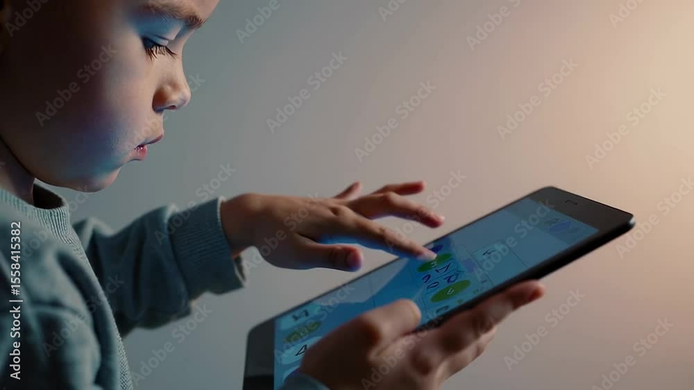Poster preschool child engaging with educational tablet app, learning numbers through interactive digital p