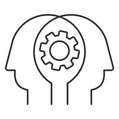 Collaboration linear icon. Teamwork concept. Problem solving. Two human heads and gear icon. Share knowledge. Thin line illustration. Contour symbol. Vector outline drawing. Editable stroke