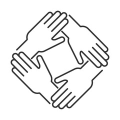 Team support linear icon. Teamwork concept. Collaboration and unity. Connected hands. Working together. Thin line illustration. Contour symbol. Vector outline drawing. Editable stroke
