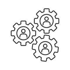 Team cooperation linear icon. Teamwork or collaboration concept. People in gears. Optimization process. Thin line illustration. Contour symbol. Vector outline drawing. Editable stroke