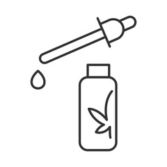 CBD oil linear icon. Dropper bottle with cannabis oil. Alternative medicine. Supplement. Organic product. Thin line illustration. Contour symbol. Vector outline drawing. Editable stroke