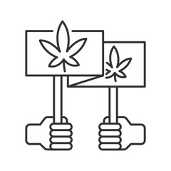 Cannabis legalization protest linear icon. Marijuana advocacy. Public support. Protest signs with cannabis leafs. Thin line illustration. Contour symbol. Vector outline drawing. Editable stroke