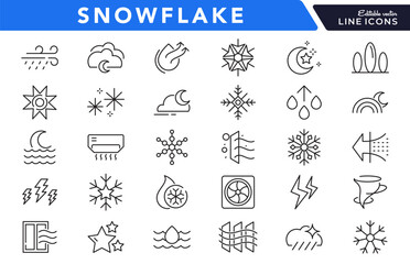 Snowflake line icon set. Clouds, illustration, snow, icons, holiday, overcast, sunny, rainy, snowy, windy, Christmas pattern line icon set. Ui thin line icon pack.
