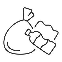 Garbage linear icon. Waste collection, management. Plastic bottle, garbage bag and crumpled paper. Pollution. Thin line illustration. Contour symbol. Vector outline drawing. Editable stroke
