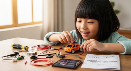 Asian child engaging in stem activity with toy car and electronics at home