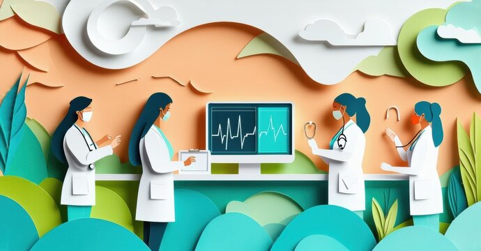 Medical team examining data. Papercraft style illustration depicts healthcare professionals, monitor displaying heart rate waveform. Focus on collaboration, technology.
