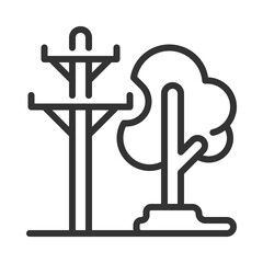Power lines and treeslinear icon. Electrical safety. Vegetation management. Utility pole. Urban planning. Thin line illustration. Contour symbol. Vector outline drawing. Editable stroke