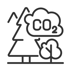 Forest carbon linear icon. CO2. Carbon dioxide. Climate change. Environmental impact. Carbon absorption in forest. Thin line illustration. Contour symbol. Vector outline drawing. Editable stroke