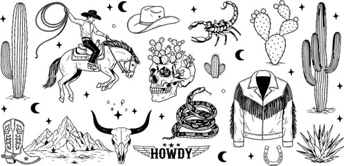 A Western-themed vector graphic set featuring cowboy elements such as a rodeo rider, hat, boots, cacti, skulls, a scorpion, snake, horseshoe, and mountain landscape