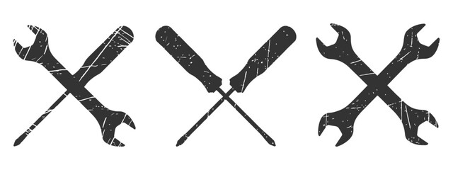 Grunge crossed tools, wrench and screwdriver, repair, construction, DIY logo.