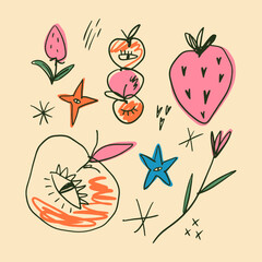 Cartoon summer fruits and berries travel beach holiday groovy stickers set vector illustration. Colorful hand-drawn isolated vacay collection of cute sketchy characters, vegan sweet food fruit