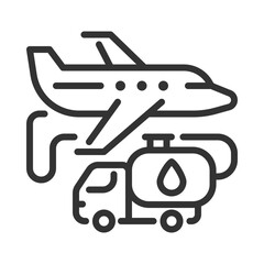 Aviation fuel linear icon. Process of refueling aircraft for air travel operations. Plane and fuel truck. Thin line illustration. Contour symbol. Vector outline drawing. Editable stroke