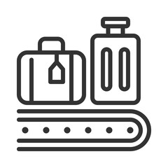 Baggage service linear icon. Luggage on conveyor belt. Services at airport. Transporting and sorting passenger bags. Thin line illustration. Contour symbol. Vector outline drawing. Editable stroke