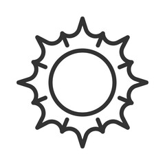 Sun linear icon. Symbol of sunny weather or summer. Clear sky. Weather forecast. Associated with hot days. Thin line illustration. Contour symbol. Vector outline drawing. Editable stroke