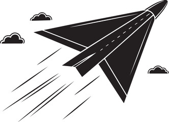 Black vector silhouette of paper airplane in flight, flat icon representing message, send, email, communication, delivery, fast, mobile app, digital transfer, social media, and contact concept


