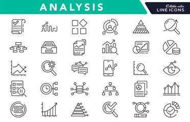 Analysis line icon set. Data analysis, startup, audit, collaboration, workflow, milestones, deadlines, planning, growth, NS, server, domain line icon set. Ui thin line icon pack.