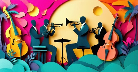 Jazz band performs. Colorful paper cutouts create vibrant tropical scene. Musicians play instruments, evoking lively atmosphere.