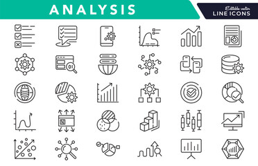 Analysis line icon set. Data analysis, startup, audit, collaboration, workflow, milestones, deadlines, planning, growth, NS, server, domain line icon set. Ui thin line icon pack.