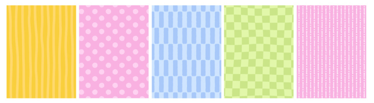 Set of line cute geometric patterns, background. Design for card, invitation, cover, packaging. La dolce vita style. Dots, stripes, check pattern in soft pastel colors.