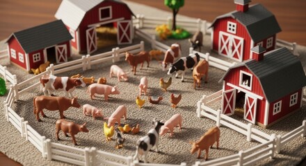 Busy farmyard scene with cows, pigs, chickens, and red barns