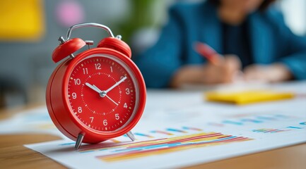 Red alarm clock is placed on business charts and graphs while a manager works in the background, emphasizing the importance of time management in business