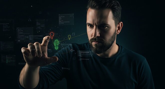 Man Tracking a Digital Trail on a Futuristic Holographic Interface (AI Generated)