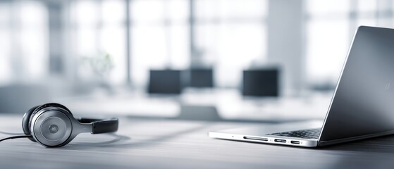 The stylish headphones and sleek laptop in a modern office environment.