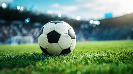 Fototapeta premium A traditional soccer ball on green grass, symbolizing the essence of the beautiful game. 