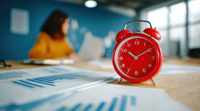Red alarm clock is ticking on office desk with financial documents and graphs, while businesswoman is working on laptop in background, time management and deadline concept