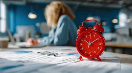 Red alarm clock placed on business reports with office worker analyzing graphs and typing on laptop in the background, concept of deadline and time management