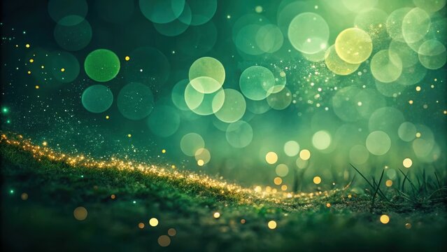 Ethereal green bokeh lights shimmer over a grassy landscape with golden sparkles abstract background - Powered by Adobe