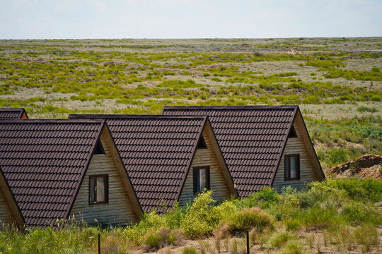 The bungalow. Beach houses on the shore of Lake Balkhash. Summer vacation.