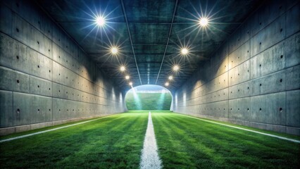 Football stadium tunnel leading to bright green field with stadium lights soccer concrete