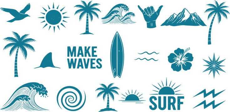  Minimal beach and surf icon vector set with tropical elements like palm trees, waves, surfboards, and sun. Perfect for summer designs, t-shirts, posters, and coastal branding