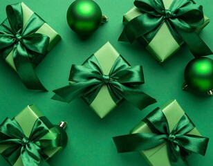 Festive green gifts and ornaments